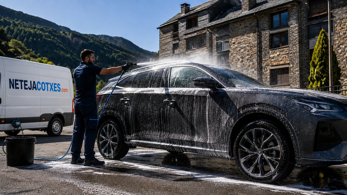 Técnico de NetejaCotxes aclarando con agua a presión un coche cubierto de espuma en una calle de Andorra